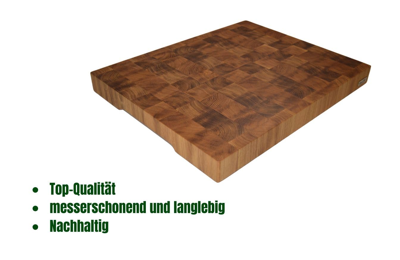 XXL Stirnholz Hackblock Premium Eiche 50x40x4,5 cm – Schneidebrett mit Griffmulden, Rutschfeste Füße, Langlebig, Messerschonend – Hochwertiges Küchenbrett aus Eichenholz