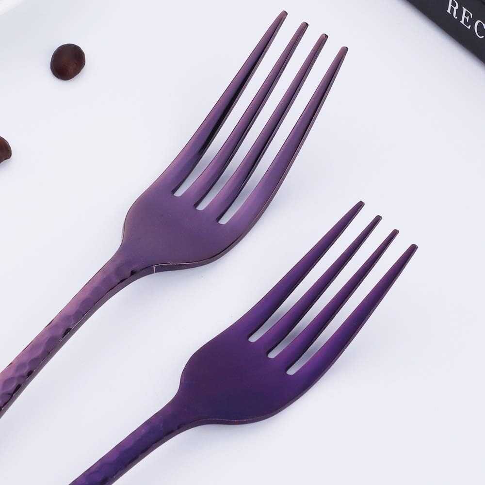 Purple Silverware Set, 20 Piece Premium 18/8 Stainless Steel Hammered Kitchen Utensil Flatware Cutlery Sets of 4, Mirror Polish, Dishwasher Safe