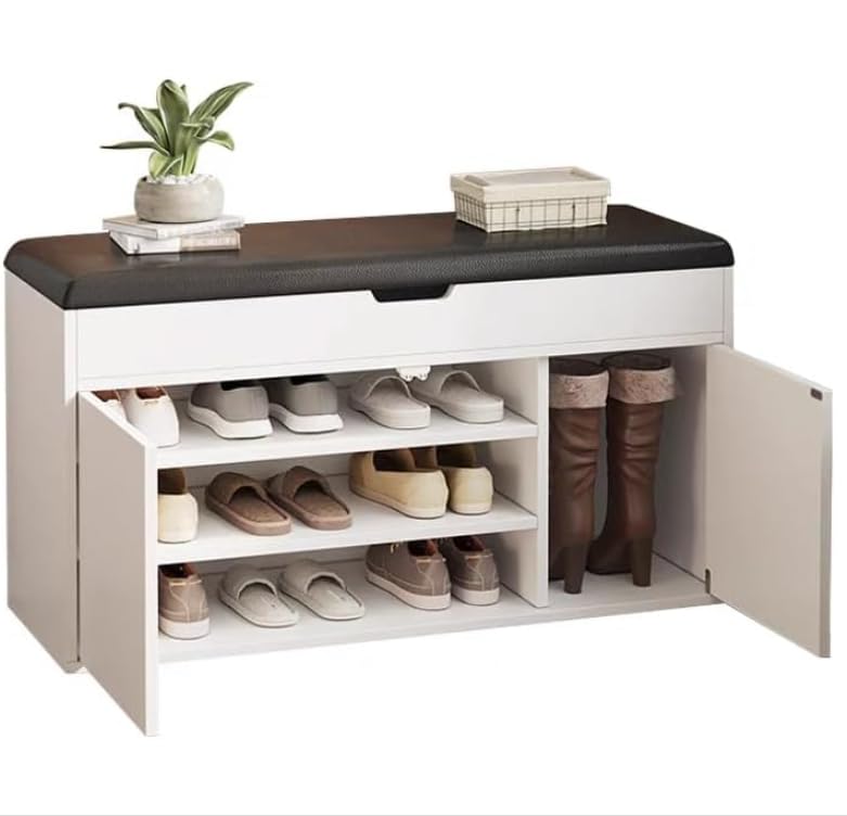 Organizador de zapatos de cuero y madera noble para un salón elegante