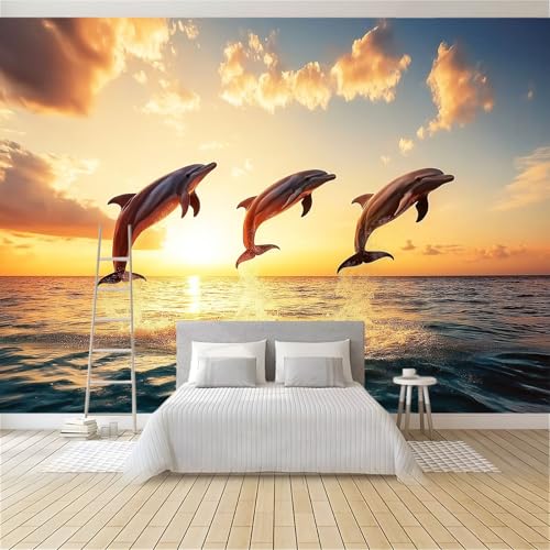 Décoration Murale Dauphins et Coucher de Soleil Jaune pour Chambre d'Enfant