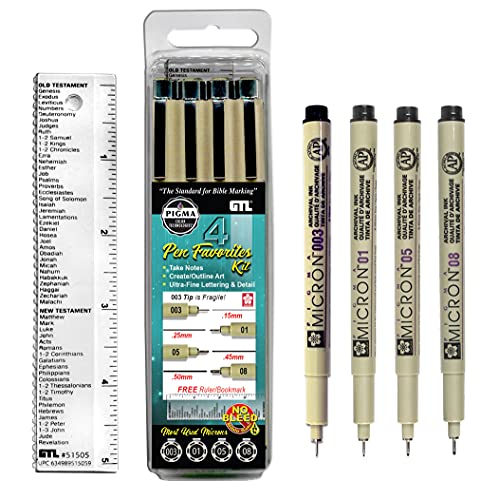 G.t. Luscombe Company, Inc. Pigma Micron Pen Favorites Lettering Kit #4 | No Bleed Pigmented Black Ink | No Smearing Or Fading | 003 Ultra Extra Fine, 01 Fine, 05 Medium, 08 Bold Point (New Packaging) #TOP1