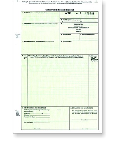 50 x A.TR. / ATR Warenverkehrsbescheinigung 2-fach selbstdurchschreibend als Trennsatz