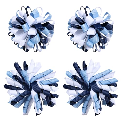 School Spirit Curly Corker Ribbon Bow Hair Clips White Navy Blue for Girls