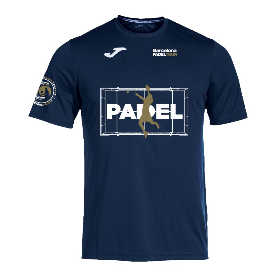 Barcelona Padel Tour Camiseta Técnica de Manga Corta para Hombre, Poliéster, Secado Rápido, Cuello Redondo, Estampado de Pádel (FR/ES, Letras, M, Regular, Regular, Azul Marino)