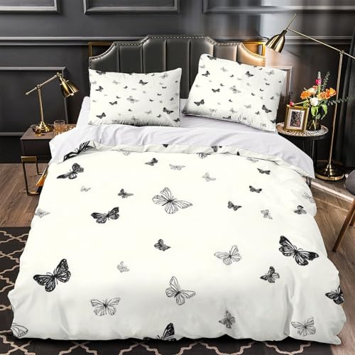 Parure de lit 140x200cm avec housse de couette papillon noir et blanc artistique
