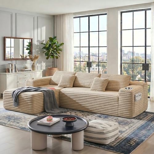 Image of 106 inch Cloud Sectional Couch with L Shape Chaise, Modern Frameless Modular Sofa with Cup Holders, Higher 17.7 inch Seat Height, 32D Pure Foam, No Assembly for Apartment (Camel, Left Facing Chaise)