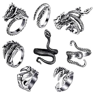 LIUJZZJ 8 stuks verstelbare slangringen punk ring gothic party ring dierenvorm sieraden opening verstelbare vingerring vintage ring gotisch retro roestvrij stalen ringen voor dames en heren