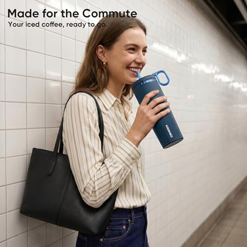 Image of KISSKIND 24 Oz Iced Coffee Tumbler with Hidden Straw, Insulated Stainless Steel Coffee Tumbler, Leakproof Ceramic Lined Travel Cup for Subway Commuting, Slim Cold Brew Tumbler for To-Go, Americano