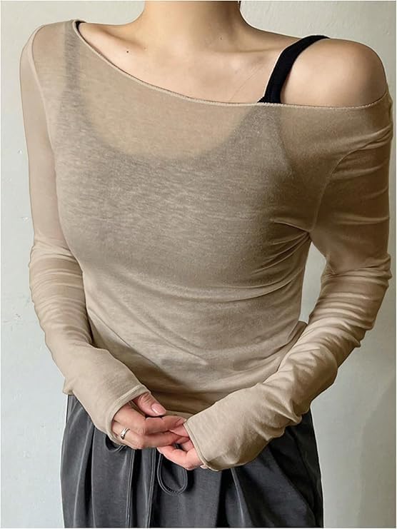 QJQ Women's Sheer Mesh Off The Shoulder Tops Long Sleeve See Through Shirts Going Out Party Club Outfits - Image 5