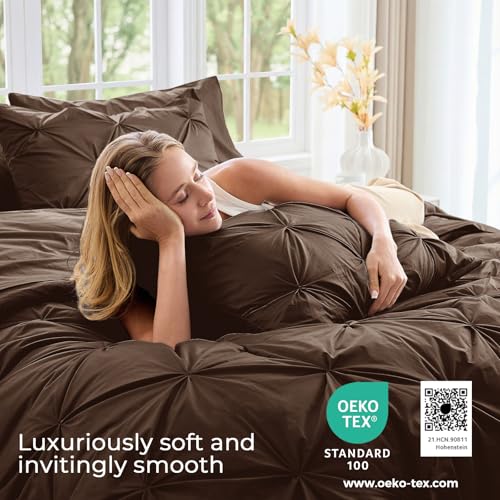 Image of Sasttie Twin Comforter Set, 5-Piece Bed in a Bag, Pintuck Bedding Sets for All Season, Includes Comforter, Flat Sheet, Fitted Sheet, Pillowcase and Pillowsham, Dark Brown