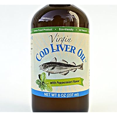 Virgin Cod Liver Oil - 8 Fl oz Natural, Wild Caught & Fresh Tasting,.High in Vitamin D, Omega 3 DHA/EPA (Peppermint Flavored)