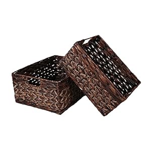 Rectangular Woven Water Hyacinth Basket,Dark Storage Basket With Inside Handle Shelves Kitchen Office Desk (Set of 2) Rectangular Woven Water Hyacinth BasketDark Storage Basket With Inside Handle Shelves Kitchen Office Desk Set of 2