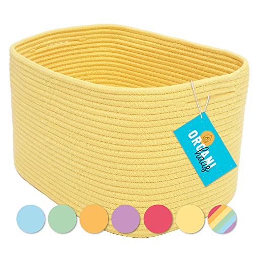 Image of OrganiHaus Yellow Basket for Shelves | Decorative Cloth for Organizing | Cotton Rope Storage Basket for Toys | Small Woven Baskets for Storage