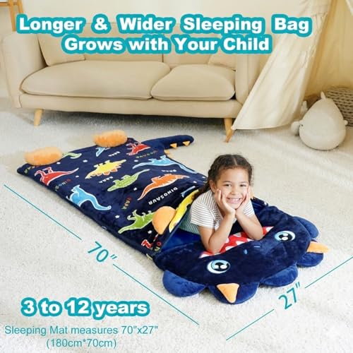 Image of Kid Sleeping Bag with Pillow - Larger Nap Mat - Plush Slumber Bag for Boys Girls Daycare Preschool Kindergarten Birthday Gift Travel Sleepover Ages 3-12 Years