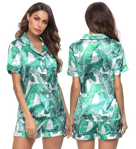 Image of SWOMOG Womens Silk Satin Pajamas Set Short Sleeve Sleepwear Button Down Top and Shorts Loungewear 2 Piece Pjs Set XS-3XL
