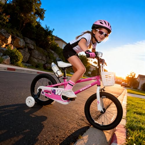 Image of WinHope 12-18 Inch Kids Bike with Light up Training Wheels for Boys Girls | Dual Brake Bicycle with Basket Adjustable Seat Water Bottle for Summer Riding Birthday Gift for Toddler 2-9 Years