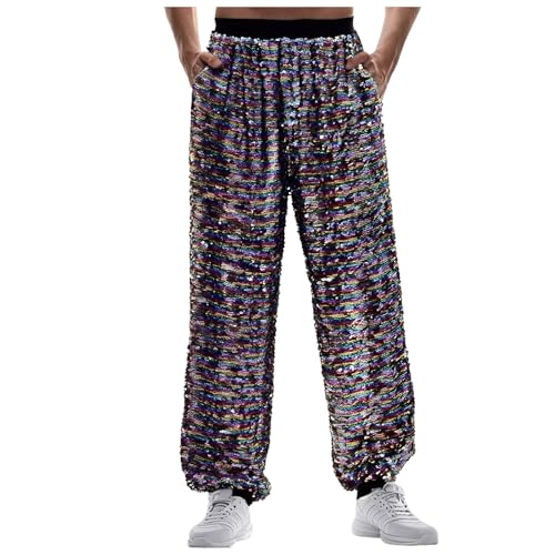Tobysper Pantalones con purpurina para hombre, con lentejuelas, color negro brillante, color plateado brillante, pantalones de discoteca, pantalones metálicos, discoteca, escenario, disfraces, hombre,