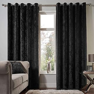 Luxury Pair of Thermal Soft Crushed Velvet Velour Eyelet Top Fully Lined Curtains + Tie-Backs By CosyWinks® Black 66x72