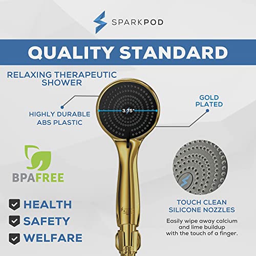 Sparkpod High Pressure 3-Function Handheld Shower Head With 5 Ft. Hose And Bracket - 3.75" Wide Angle Rain, Massage & Full Body Spray Modes - 1-Min Installation (Egyptian Gold) #TOP5