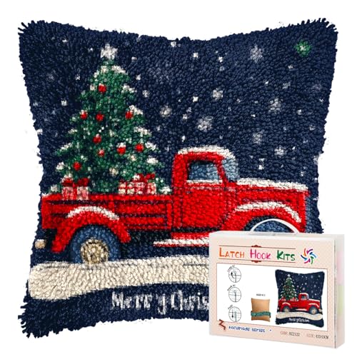 Latch Hook Pillow Kits for Adults Merry Christmas Red Truck and Tree DIY Pillow Cover Printed Pillowcase Crochet Yarns Hooking Handmade Cushion for Home Sofa Decor 17x17inch(20)