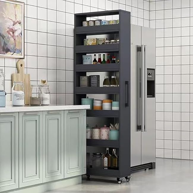 Wood Slim Storage Cart,Rolling Spice Rack Next to Fridge Slim,Rolling Cart for Kitchen Dining Room Gray 5.9¡Á17.7¡Á72.4in-sY6KoZVW