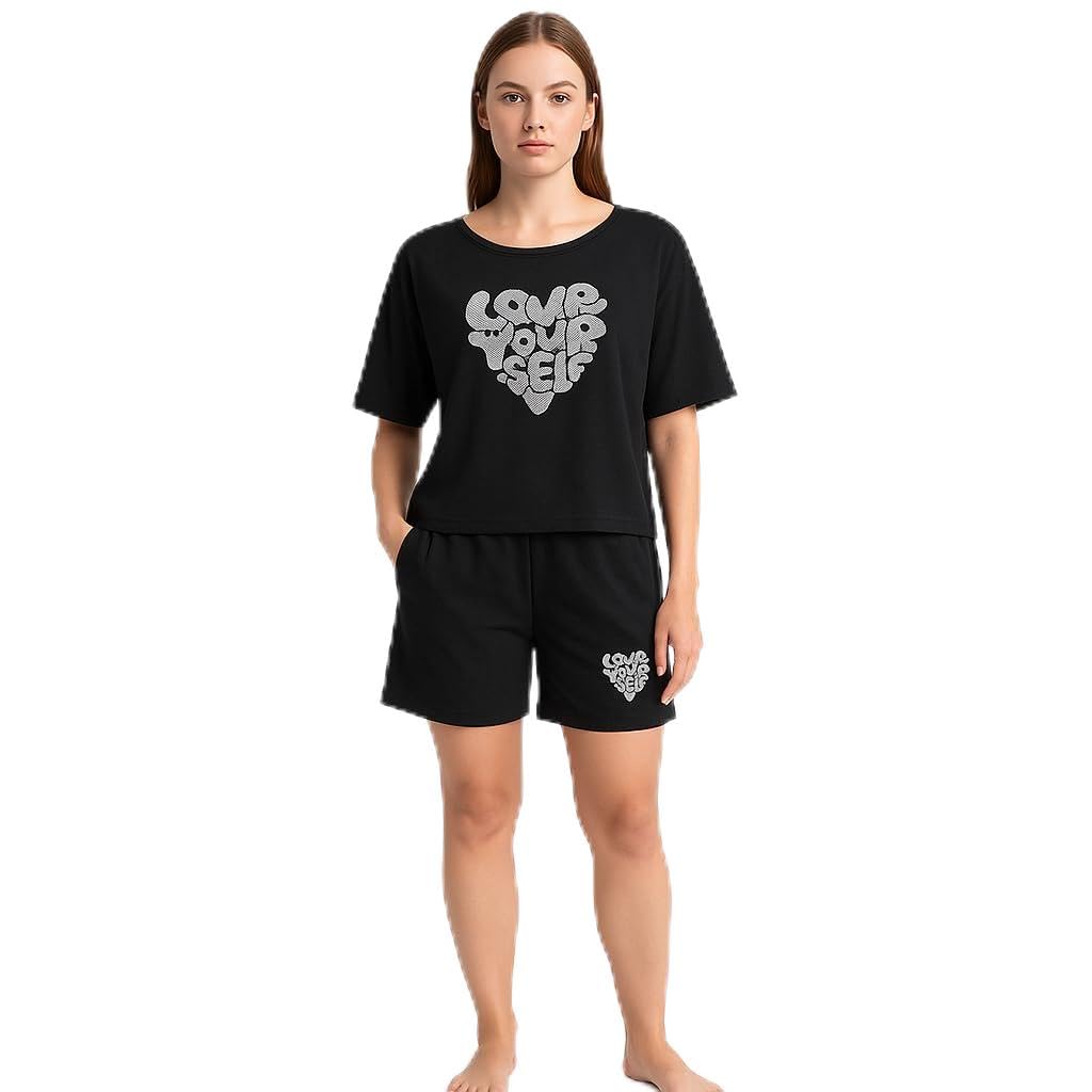 COZYPLAY Women's Cotton Blend Night Suit Top & Shorts Set with Pocket | Regular Fit Printed Loungewear Co-ord Set | Short Sleeve T-Shirt & Shorts Pajama Nightwear Sleepwear Set-picture-12