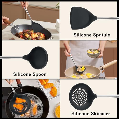 FJNATINH Silicone Spatula - Ladle - Skimmer Wok Tool Set,Stainless Steel Non Stick Heat-Resistant Cooking Utensils BPA Free Kitchen Utensils Cookware with Wooden Handle, Pack of 3 - Thumbnail 7