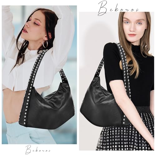 Image of Shoulder Purse,Punk Studded Purse Western Solid Vintage Underarm Bag Tote Bag, Handbag with Zipper Closure for Women (Black-sliver)