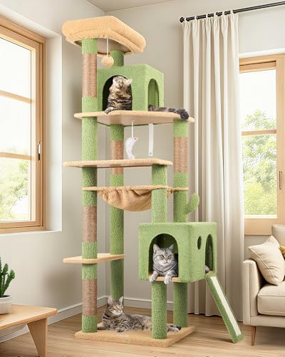Globlazer Large Cactus Cat Tree Tower 70in Tall Heavy Duty Green Cat Tree for Indoor Cats Sturdy Cat Tower with Scratching Post and Board Hammock Cat Condos for Adult Cats Kittens F70 Pro Green