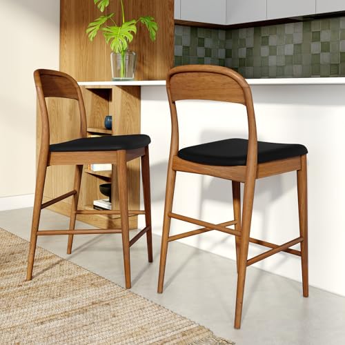 Image of Plank+Beam Loar Upholstered Counter Stool, Solid Rubberwood, Mid-Century Modern Kitchen Bar Chair, Curved Back, Low-VOC Finish, Counter Height Seating, Pecan /Black