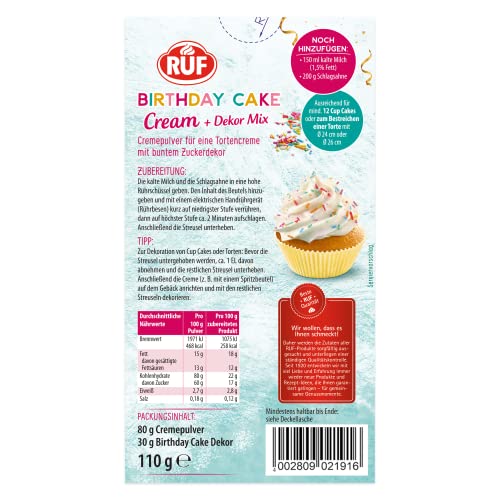RUF Birthday Cake Cream, Cream-Pulver für eine lockere Torten-Creme in Geburtstags-Kuchen mit Vanille-Karamell-Geschmack & buntem Dekor-Mix, 1 x 110g (Packung mit 2)