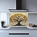 Tempered Glass Backsplash for Kitchen, Tree of Life Glass Backsplash, Golden Tree Backsplash for Kitchen Wall, Rustic Kitchen Backsplash, Easy to Install Stove Backsplash