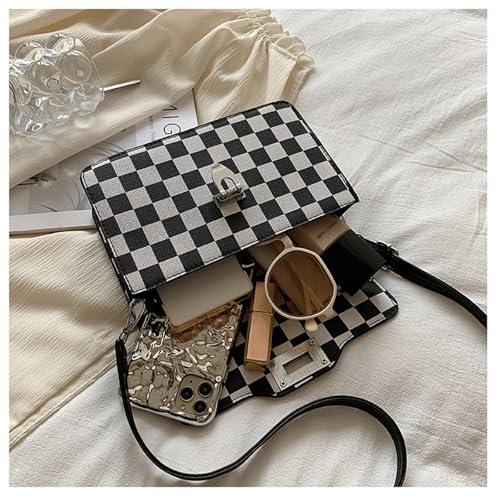 Checkered Crossbody Bag Bum Bags Alt Trendy Checkered Bum Bag Crossbody with Top Handle Convertible Strap Black And White4