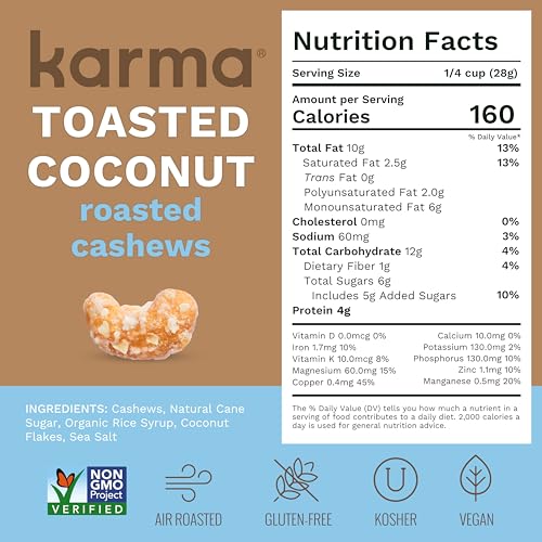 Image of Karma Nuts Toasted Coconut Air Roasted Whole Cashews (32oz, Pack of 1) Lightly Sweetened, Peanut-Free Facility, Kosher, Gluten Free Vegan Snacks, Non GMO, Low Carb Snack