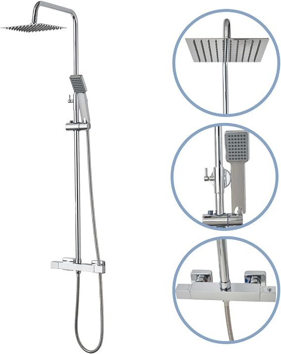Thermostat Shower Mixer Set Chrome Square Rainfall Shower System with 200mm Overhead & Handheld Shower Head