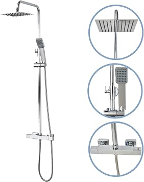 Thermostat Shower Mixer Set Chrome Square Rainfall Shower System with 200mm Overhead & Handheld Shower Head
