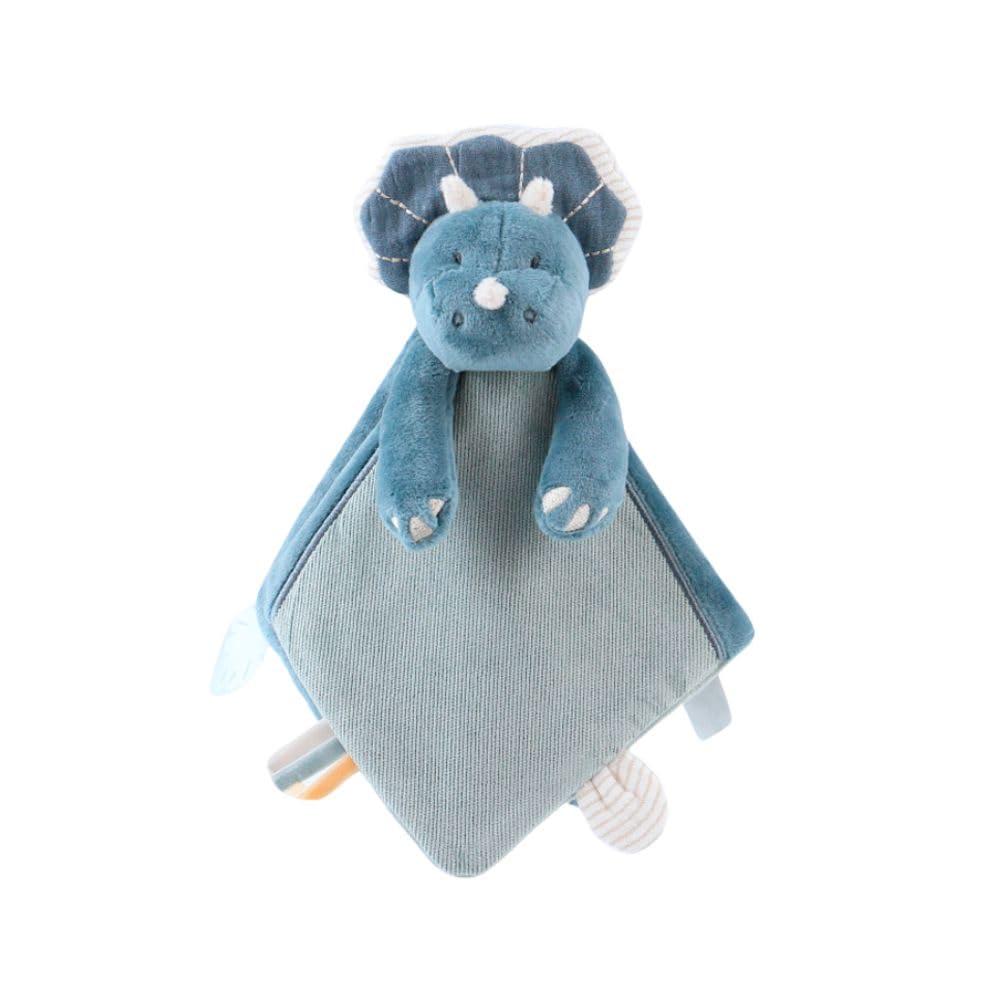 Noukie's - Schmusetuch für Kinder - Schmusetuch aus Veloudoux - Ops, der Triceratops - Viele Funktionen - Blau - 1 Stück