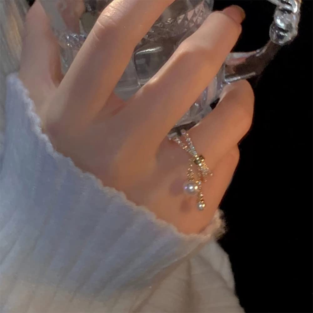Anillo de cruz de perlas colgantes para mujer, circonita cúbica, ajustable, en capas, enhebrador, borla, anillos de compromiso chian, joyería delicada, regalos, Metal, Zirconia cúbica 2