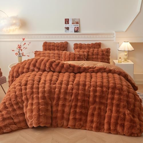 LIFEREVO Fluffy Faux Rabbit Fur Duvet Cover Set, Cozy Plush Shaggy Bubble Bedding Set for Bedroom Kids Room Dorm, 1 Fuzzy Bed Comforter Cover + 2 Furry Pillowcases, Zipper Closure, Burnt Orange, Queen
