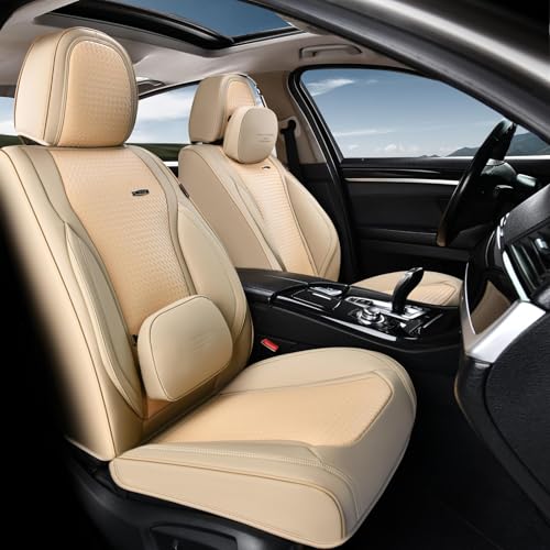 Image of Coverado Car Seat Covers Full Set, Beige Seat Covers for Cars, Waterproof Nappa Leather Automotive Seat Covers with Lumbar Head Pillow, Car Seat Protectors, Universal Fit for Most Cars SUV