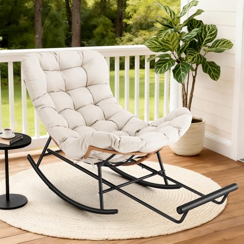 GarveeLife Rocking Chair, Papasan Chair with Detachable Polyester Cushion & Extendable Footrest, Comfy Rattan Rocking Chair for Porch Lawn Bedroom Liv