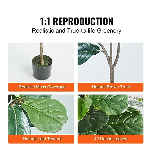 Image of VEVOR Artificial Fiddle Leaf Fig Tree 6 FT, Secure PE Material & Anti-Tip Tilt Protection Low-Maintenance Faux Plant, Lifelike Green Fake Potted Tree for Home Office Warehouse Decor Indoor Outdoor