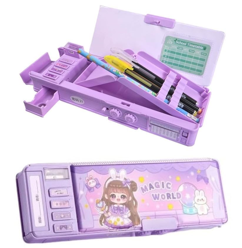 Image of Royals hub Plastic Galaxia Multifunctional Magic World Password Lock Double Sided Compass Box for Kids, Aesthetic Stationary Items, Baby Girl Theme Pencil Case Return Gifts for Kids, Purple
