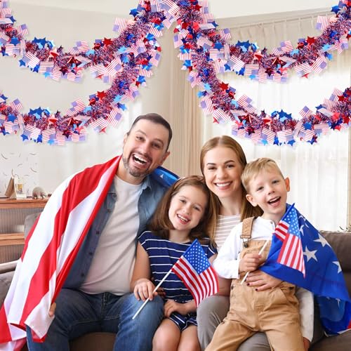 Image of 50FT 4th of July Decorations Red White Blue Star American Flag Tinsel Garland, Glitter Patriotic Garland for Fourth of July Independence Day Memorial Day Decor Outdoor Indoor Home Party Decor Supplies