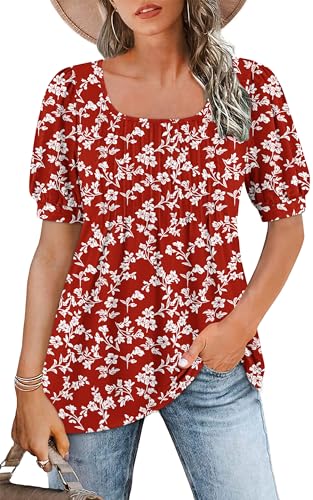 WNEEDU Tee Shirt Femme col Carré Tunique Femme Été T-Shirt Manches Courtes Chemise Fluide Plissée Hauts Chic Élegant Ample Top Fleur Blanche Rouge XL