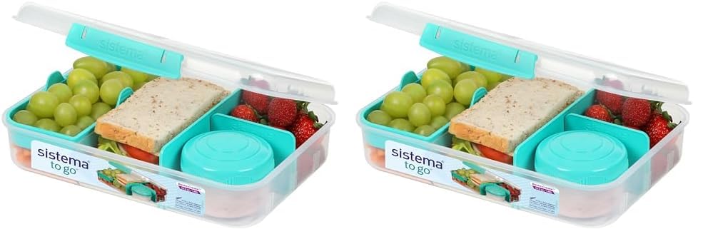 Sistema TO GO Bento Box Create | 1.48 L | Fiambreras escolares con compartimentos y olla para aperitivos | Sin BPA | 1 unidad | Verde azulado menta, L 247mm x H 64mm x W 185mm (Paquete de 2)