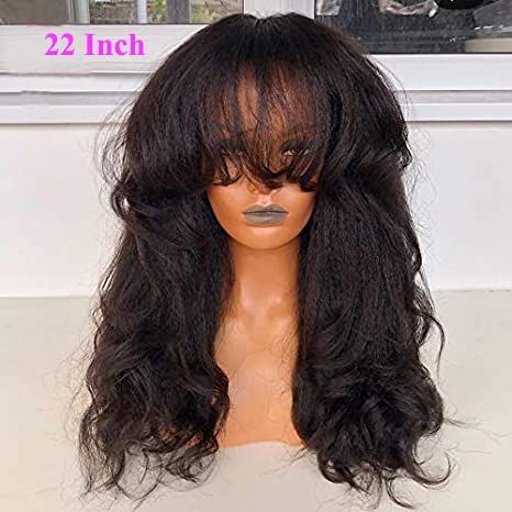 200% Kinky Yaki Wave Human Hair Wigs with Bangs Full Machine Made Wig Brazilian Virgin Human Hair Yaki Straight Wig Scalp Top Wig For Black Women Natural Color 24 Inch