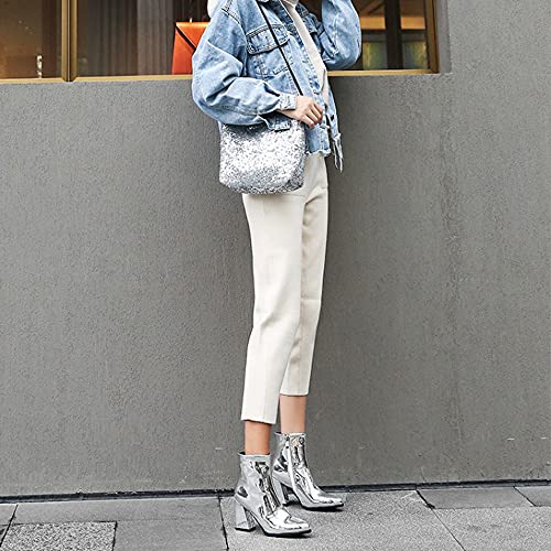 Women's Sparkle Ankle Boots Pointed toe Chrome Dress Booties with Chunky Heel2