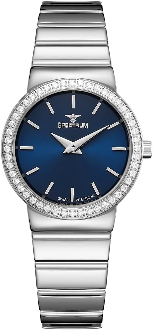 Spectrum Swiss Precision Women’s Watch, Stainless Steel Silver Bracelet, Blue Dial, Crystal Bezel, 28mm Round Case, S17047L-8