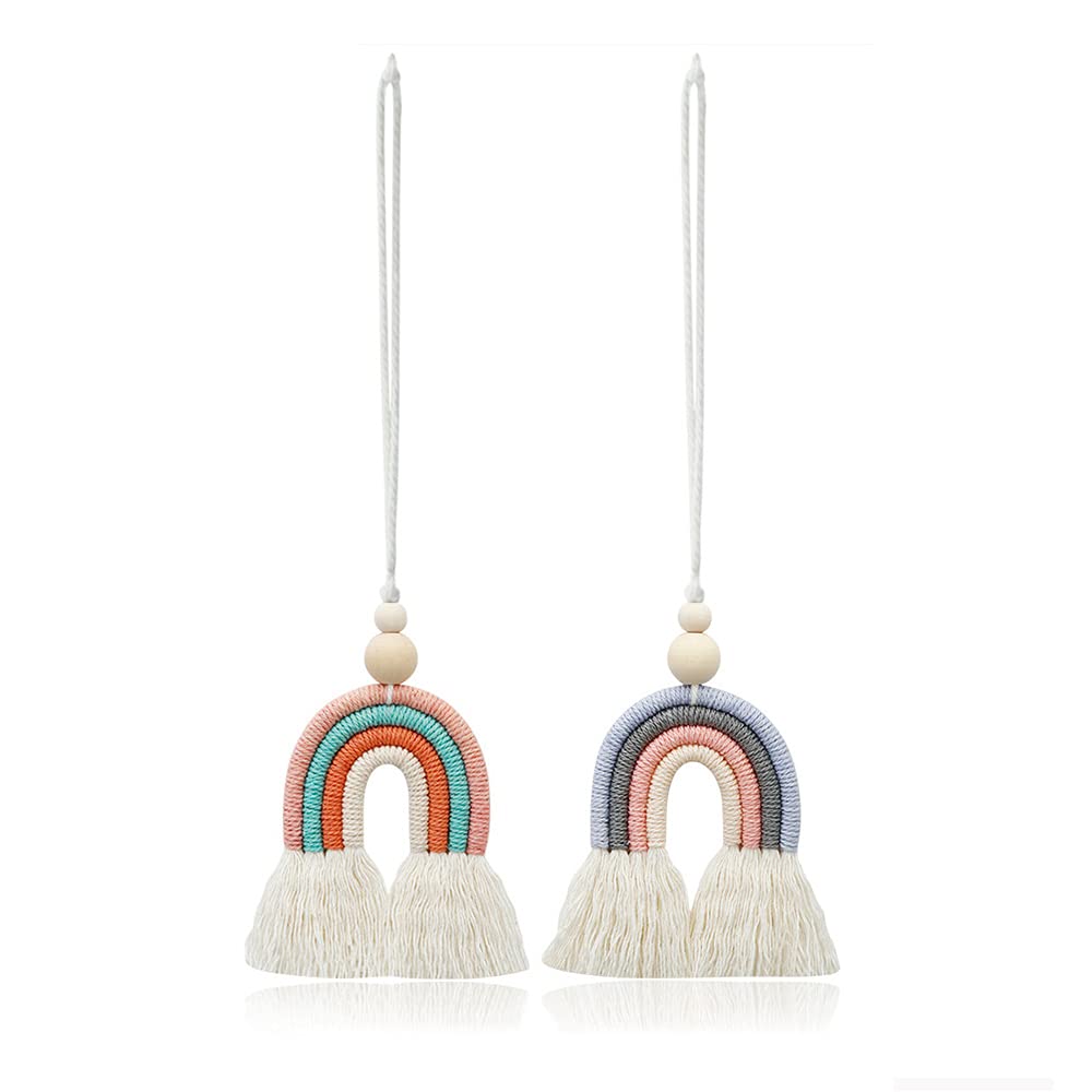 Macrame Rainbow Decorations, 2 Pieces Hand Woven Rainbow Wall Hanging Macrame Children's Bedroom Tapestry with Wooden Beads and Tassels for Car or Room Decoration